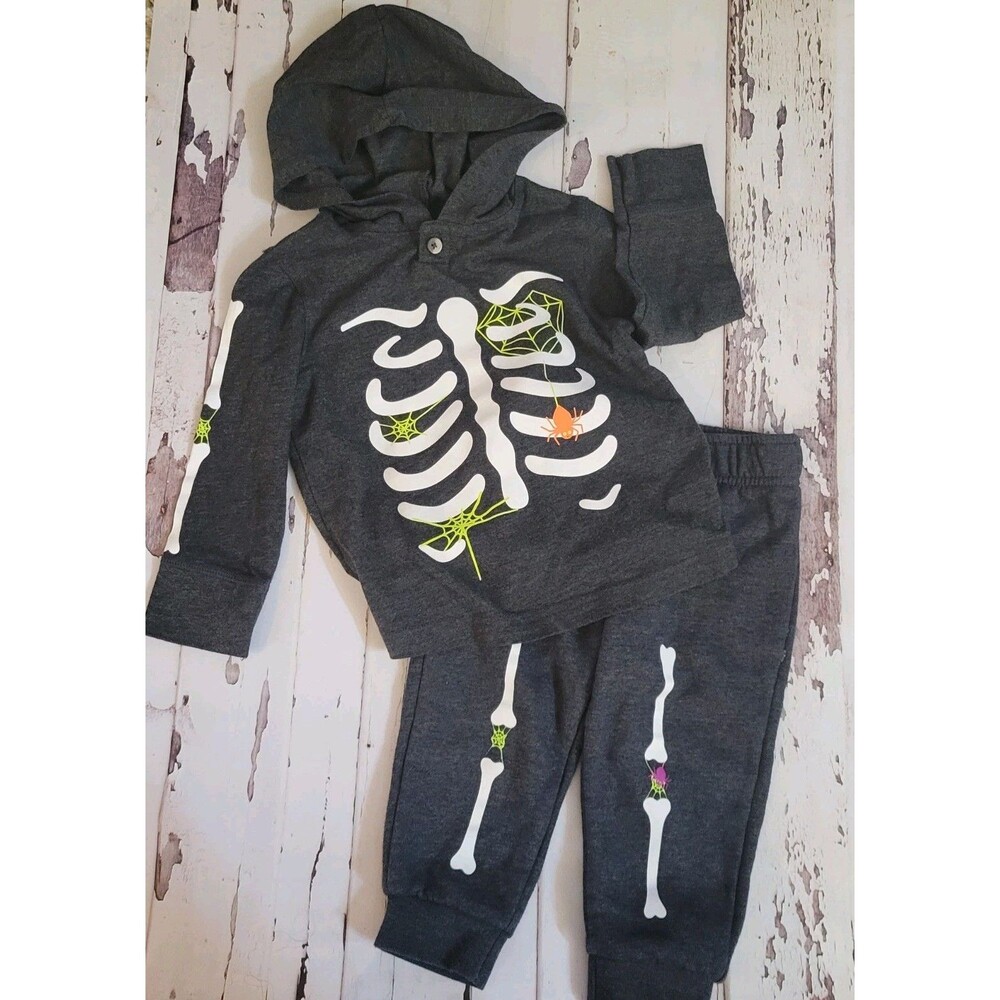 Cat & Jack Halloween Skeleton Spider Hooded Hoodie Tee Sweat Pants Set 18mos